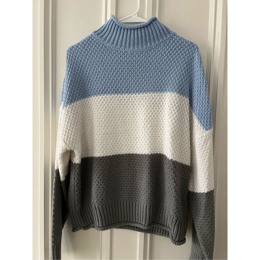 Fashion brands roll neck blue white and gray striped sweater L